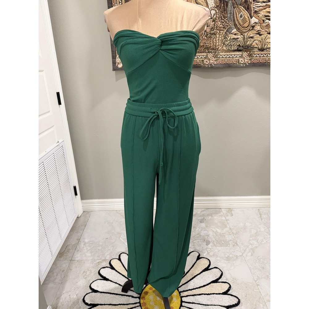BTFBM Two Piece Set Womens XS Green Strapless Sweetheart Tank Wide Leg Pants